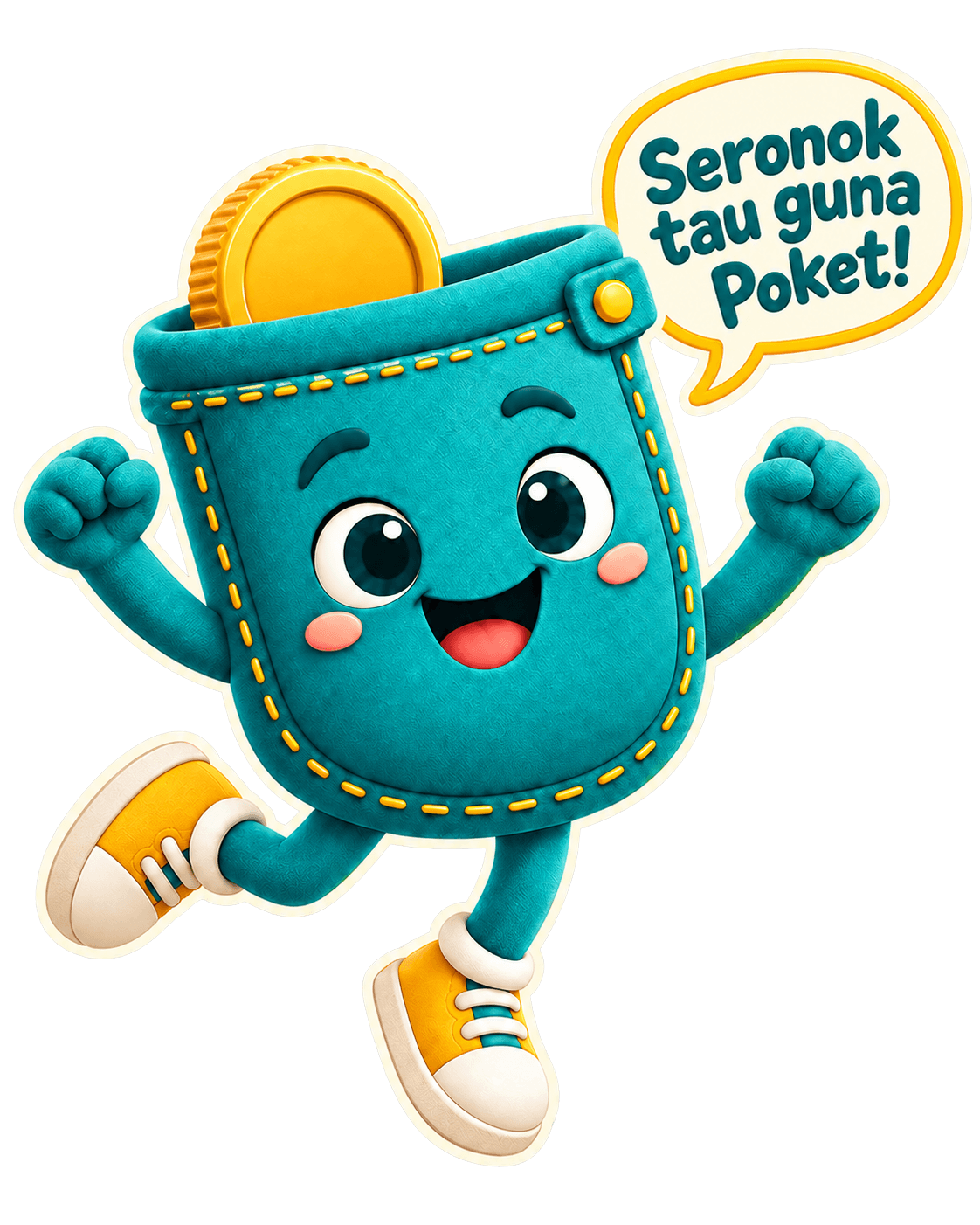 Maskot Poket melompat dengan bubble: Seronok tau guna Poket!