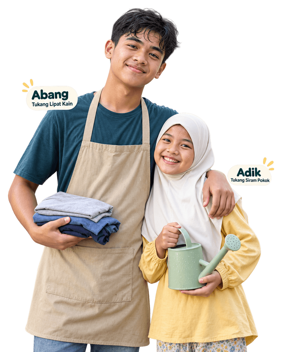 Ilustrasi abang remaja merangkul adik bertudung. Setiap anak boleh pilih kawasan keluarga untuk dijaga.