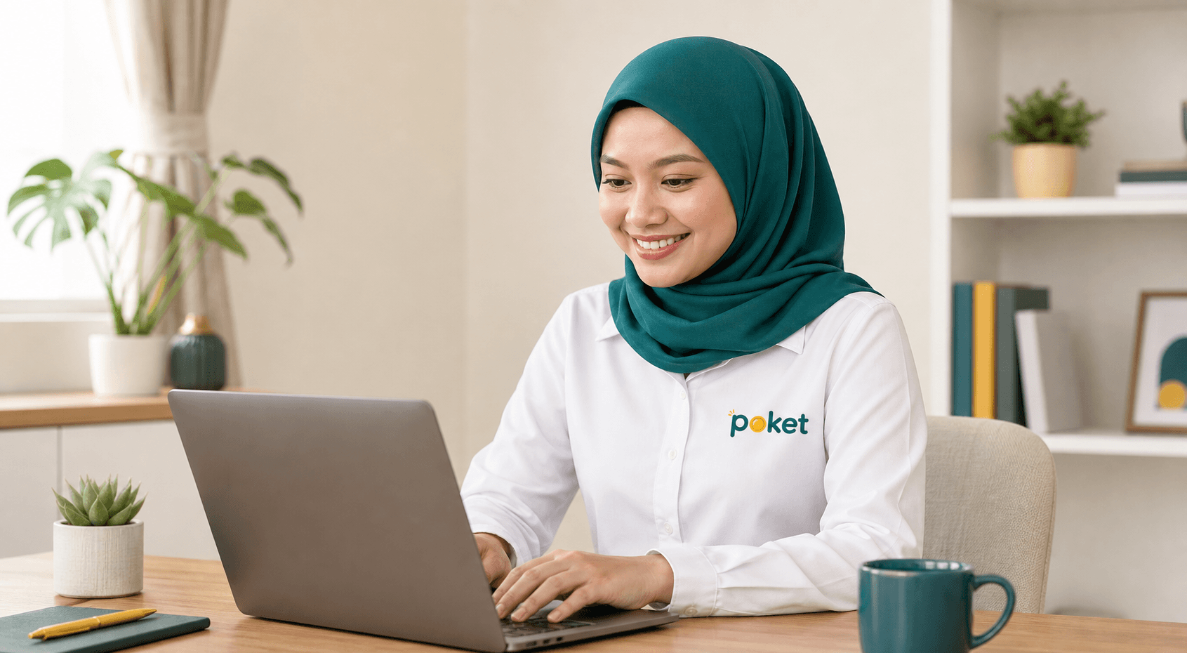 Pegawai khidmat pelanggan Team Poket bertudung sedang membaca dan reply mesej melalui laptop.