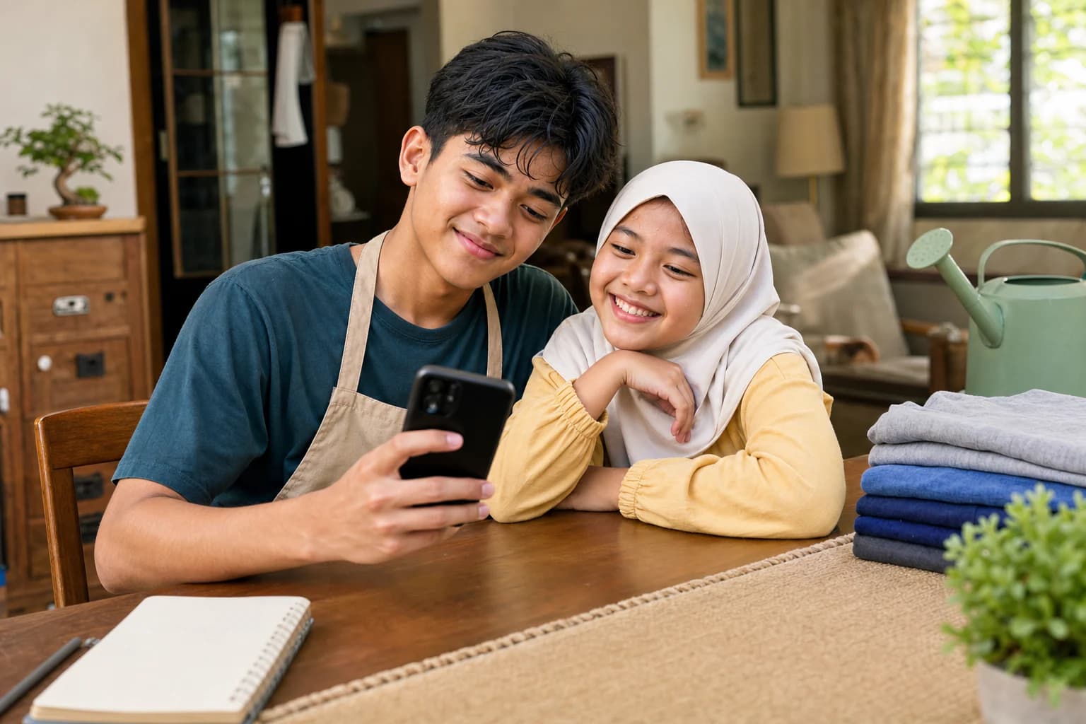 Adam dan adiknya duduk bersama sambil melihat Poket di telefon