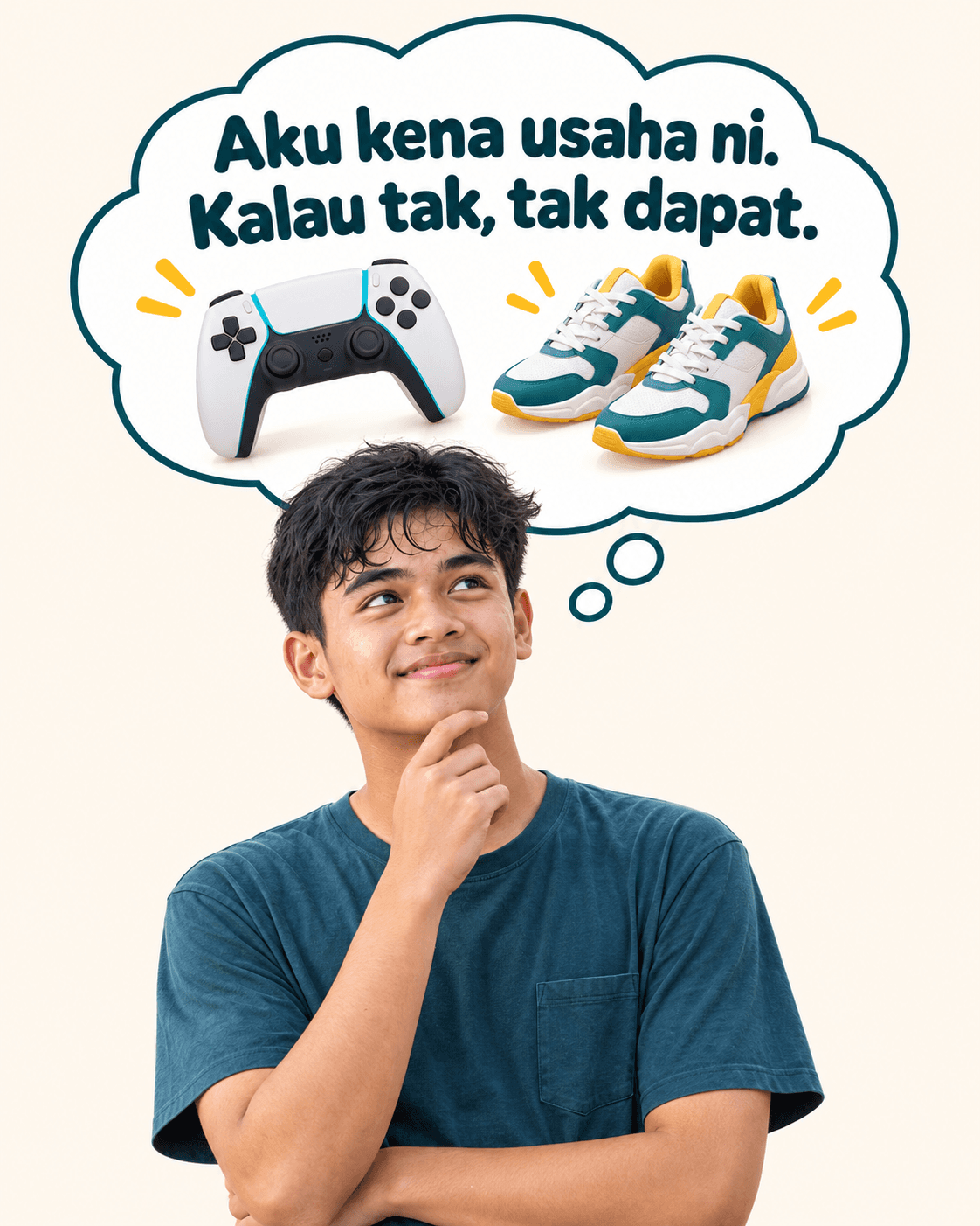 Adam membayangkan controller game dan kasut idaman sambil berfikir: Aku kena usaha ni. Kalau tak, tak dapat.