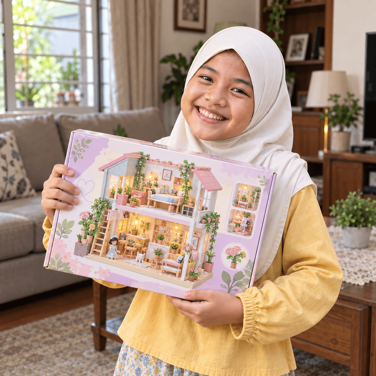 Adik Adam tersenyum sambil memegang rumah mini yang dibeli dengan duit gajinya sendiri